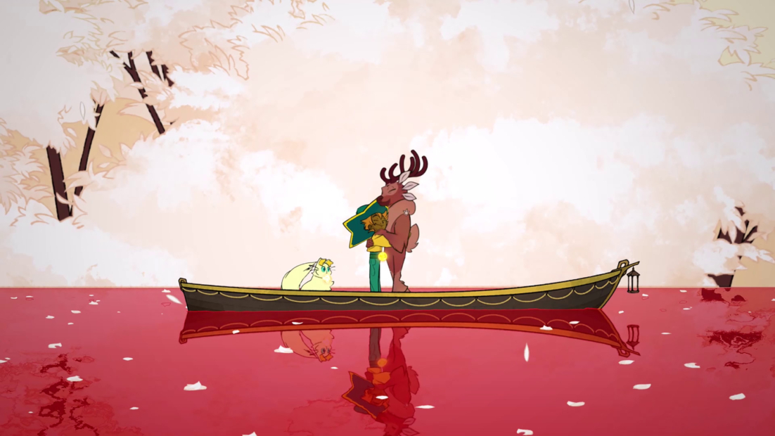 a deer and a cat on a boat in spiritfarer