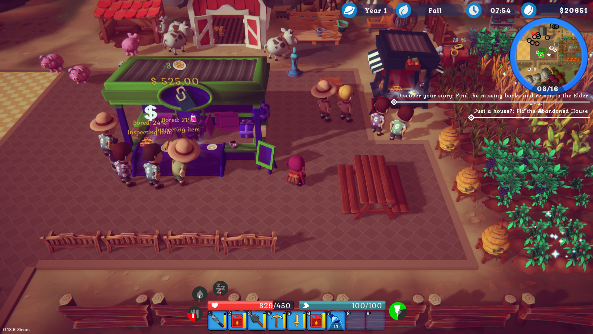 Bird's-eye view of a farm with barns, animals, several characters, and a green-roofed market stall.