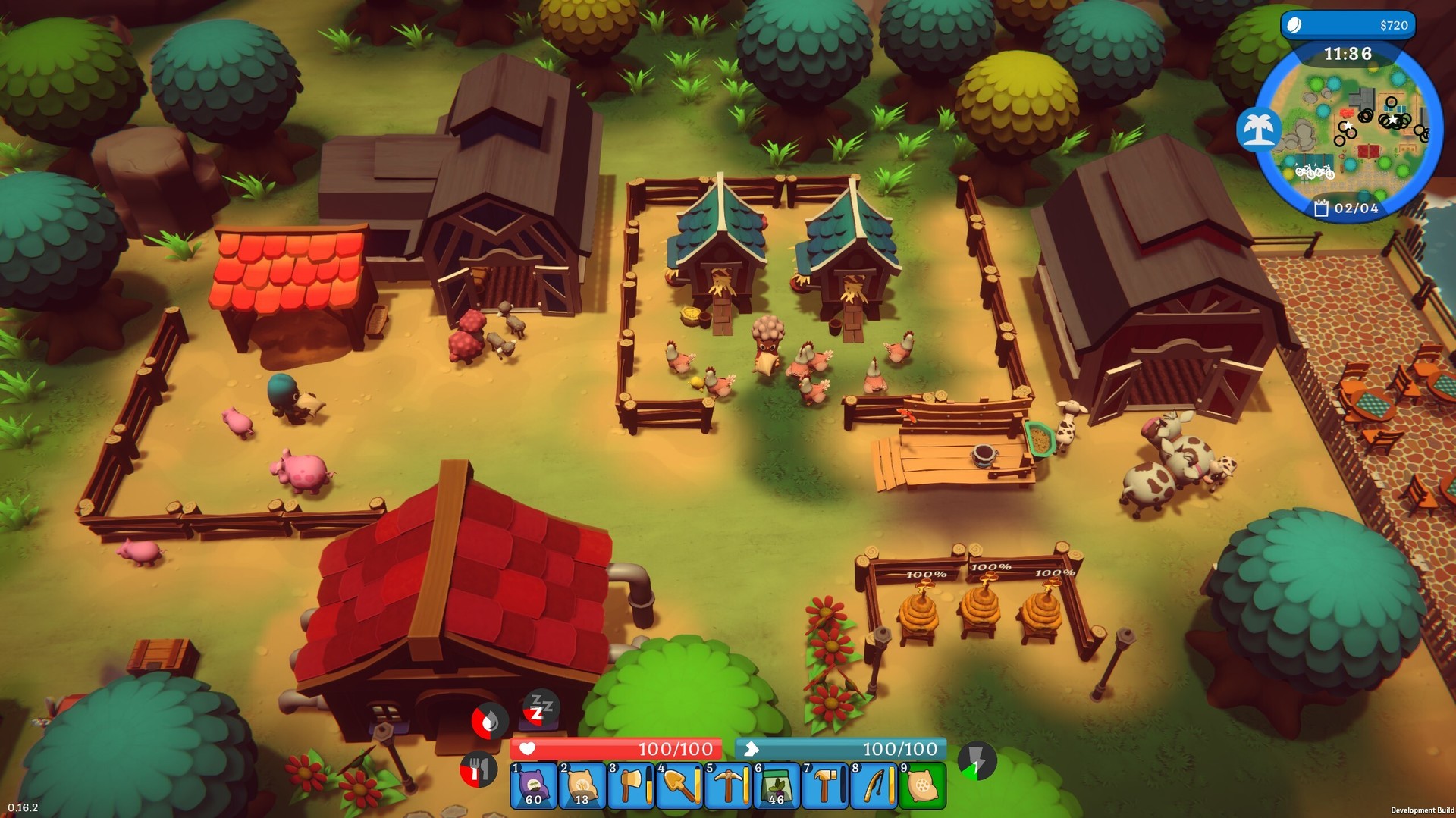 Top-down view of a farm with multiple buildings, fenced areas, animals including pigs and cows, and game characters in a colorful, stylized setting.
