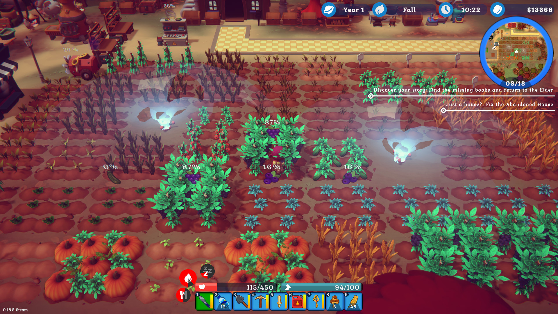 View of a game field with rows of various plants including pumpkins, green and blue plants, two glowing spirit figures, and a game interface with information.