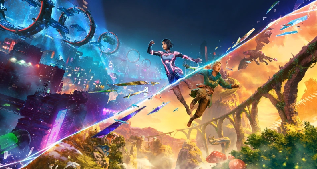 Zwei Personen in futuristischer Kleidung springen durch eine geteilte Landschaft mit leuchtenden Ringen und Pilzen.