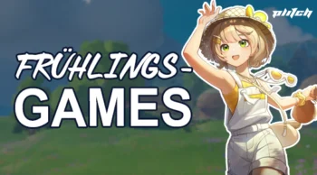 Figur mit Strohhut und Sonnenbrille hebt eine Hand vor einem unscharfen Hintergrund mit dem Text 'FRÜHLINGS-GAMES'