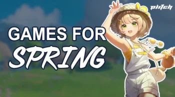Character wearing a straw hat and sunglasses raising one hand against a blurred sky and field background with text 'GAMES FOR SPRING'