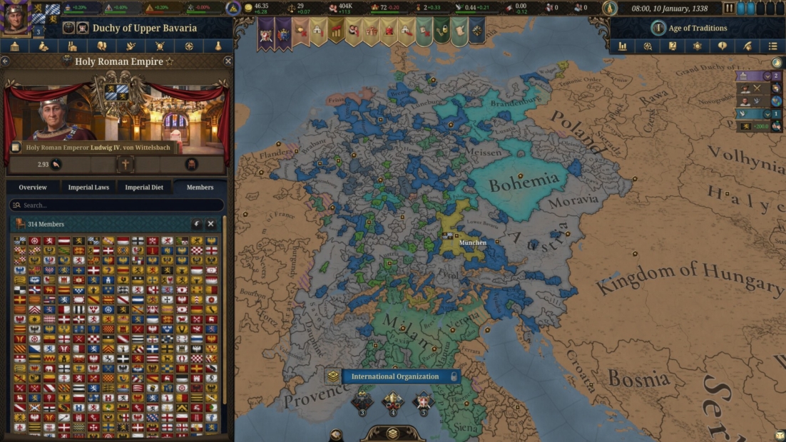 Karte Europas im Strategiespiel Europa Universalis 5 mit farblich markierten Regionen und einem geöffneten Menü des Herzogtums Oberbayern mit Wappen und Mitgliederliste.