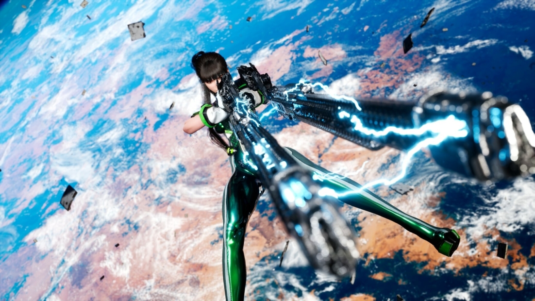 Character in black and green suit wielding glowing blue energy weapons, floating above Earth in space, from Stellar Blade