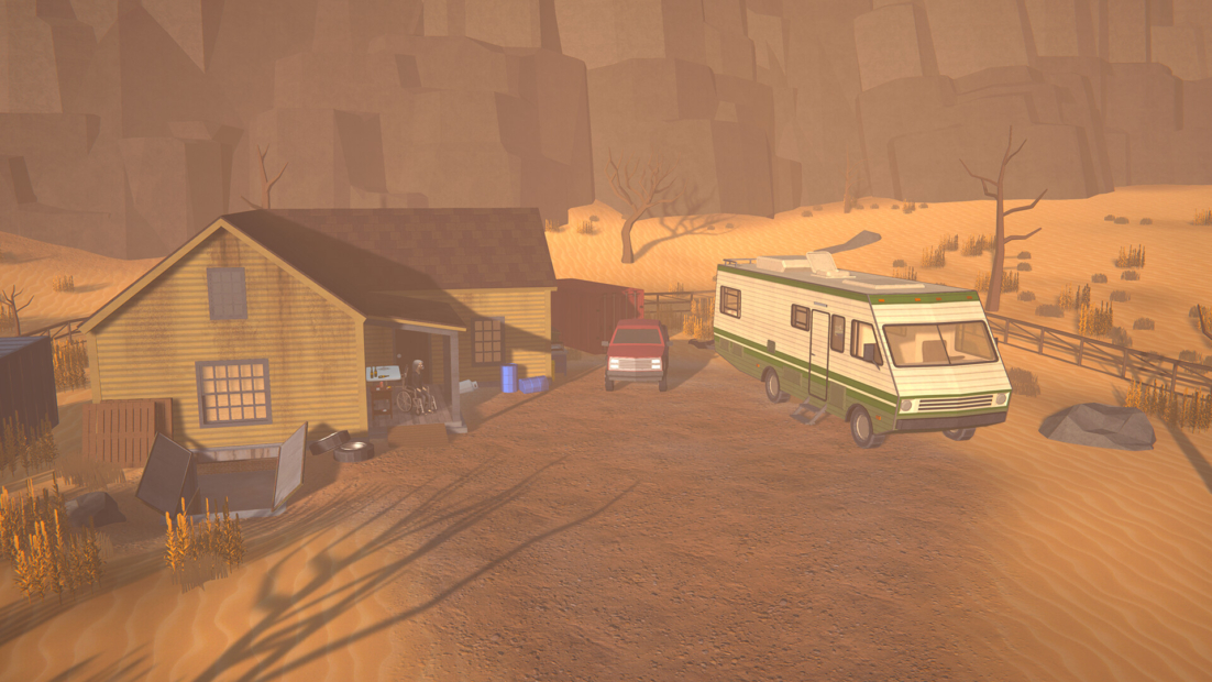 Rural desert scene from the game Schedule I showing a yellow wooden house, a red pickup truck, and a white and green RV parked on a dirt driveway surrounded by dry vegetation and rocky cliffs