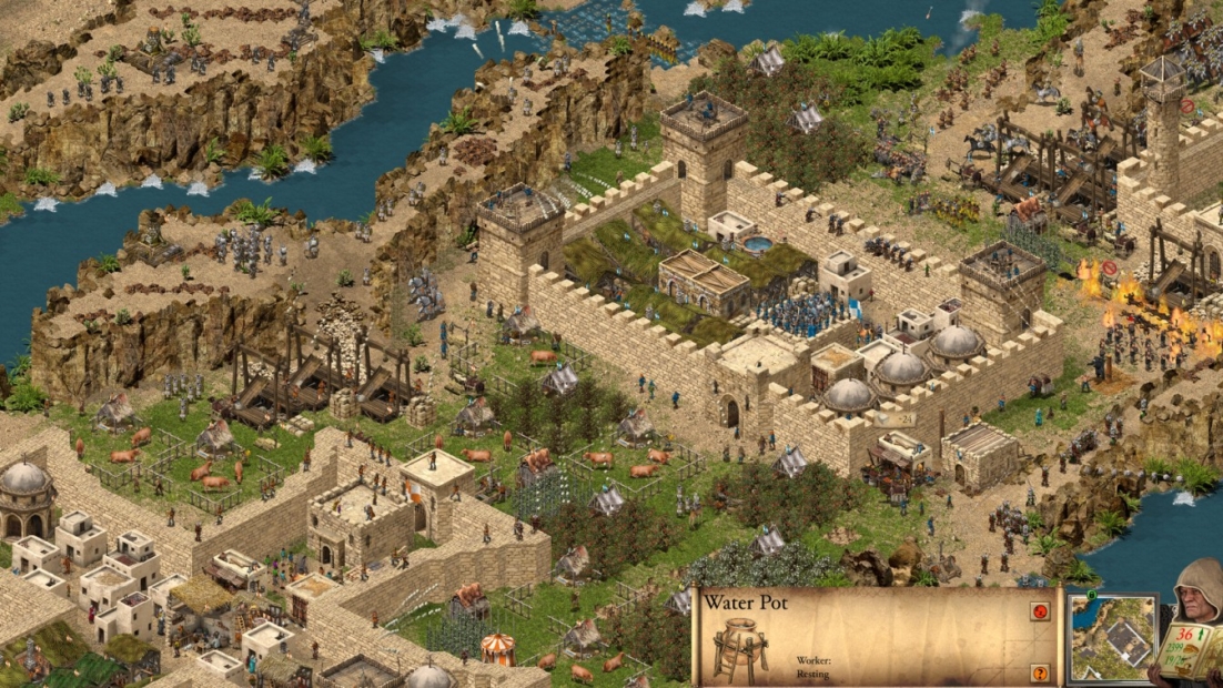 Fortified medieval castle with stone walls, towers, and archers from Stronghold Crusader: Definitive Edition game