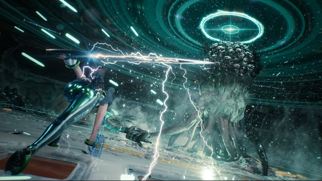 A futuristic warrior in a sleek suit wields a glowing energy sword against a large, dark, tentacled creature under a swirling green energy vortex in a stadium setting from Stellar Blade.