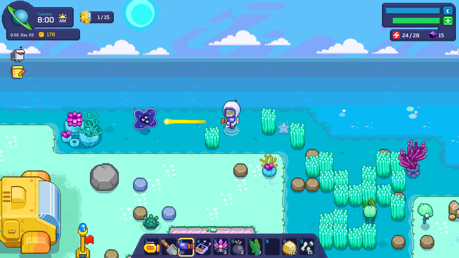 Top-down view of a pixel-art game scene in Little-Known Galaxy showing a character in a spacesuit near water with plants, rocks, and coral, with game interface displaying time, resources, and health.
