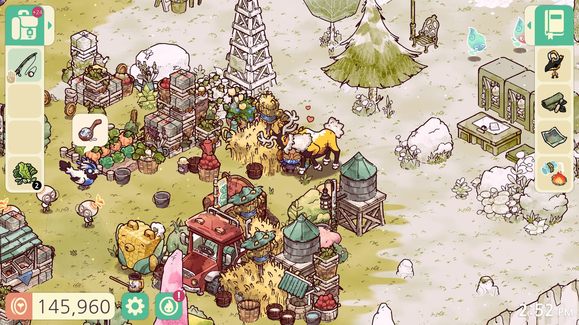 Gameplay-Szene aus Cozy Grove, die einen Charakter in der Nähe eines roten Traktors zeigt, umgeben von Heuballen, Wassertürmen und verschiedenen landwirtschaftlichen Gebäuden in einer hellen Landschaft.