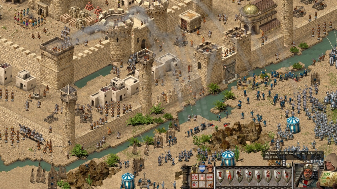 Medieval fortress under siege with soldiers attacking and defending along walls and moat in Stronghold Crusader: Definitive Edition gameplay