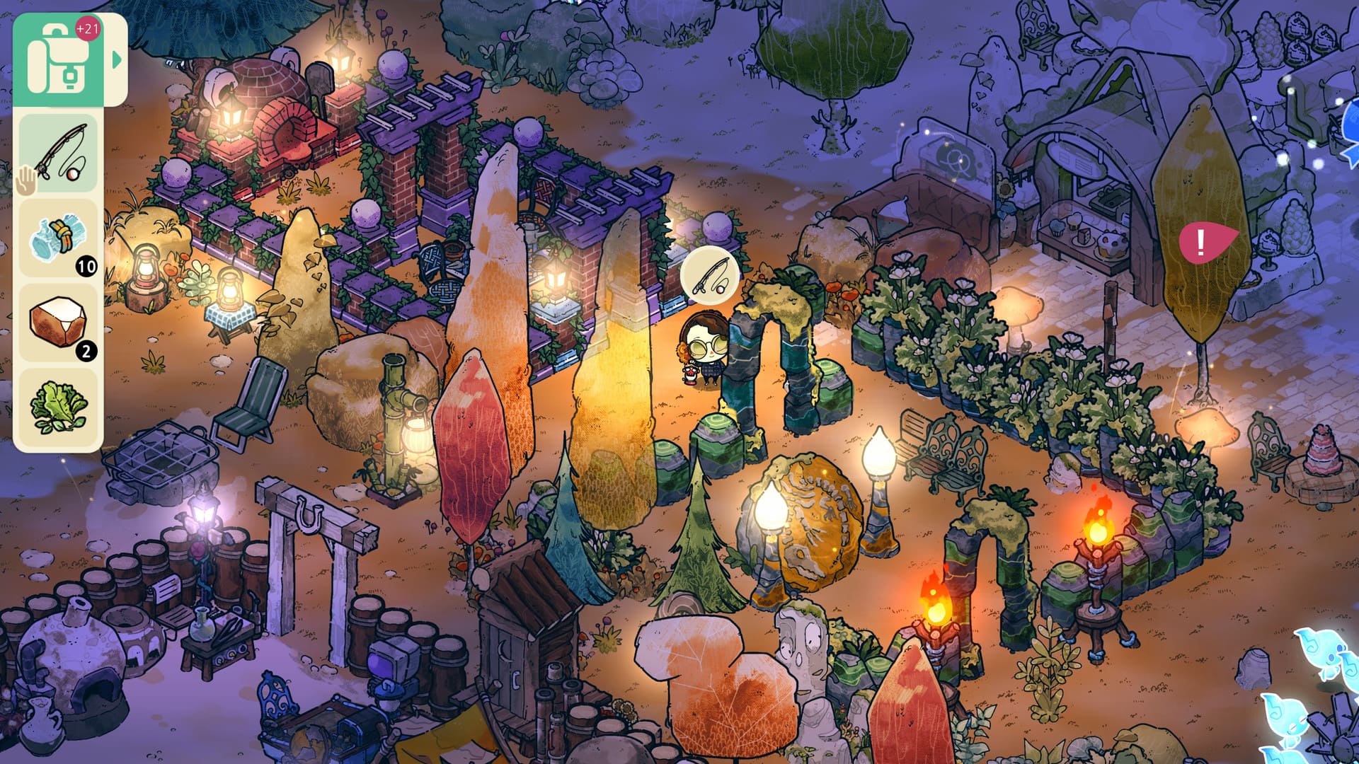 Nachtszene in Cozy Grove mit einer Figur in der Nähe von leuchtenden Totems und Laternen, umgeben von Steinmauern und Pflanzen