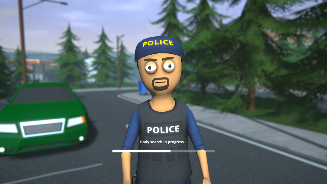 Police officer wearing a vest labeled 'POLICE' conducting a body search on a street with a green car and pine trees in the background, from the game Schedule I