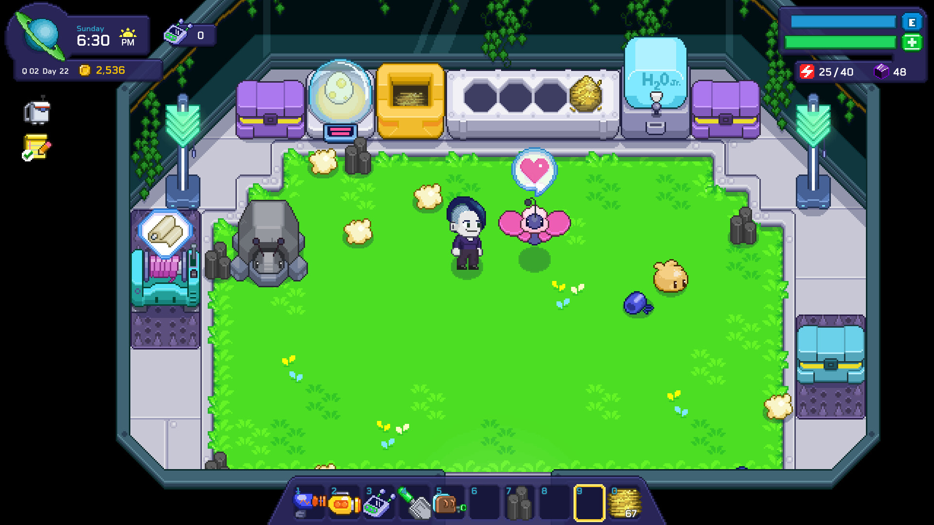 Character in a futuristic room with green floor, surrounded by small creatures and interactive objects, from the game Little-Known Galaxy