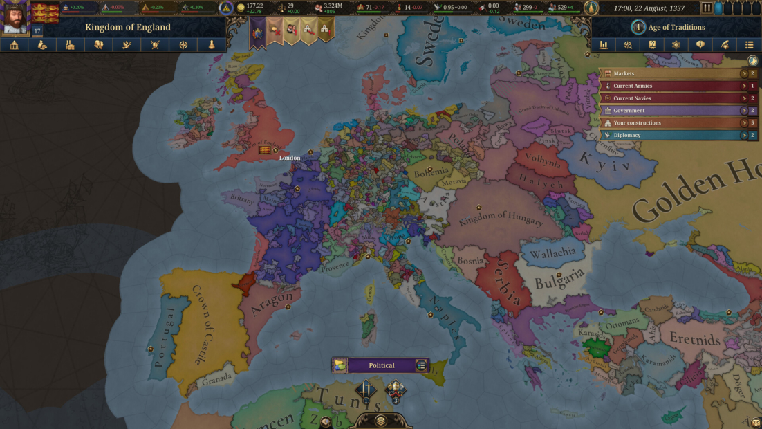 Karte Europas im Strategiespiel Europa Universalis 5 mit farblich markierten politischen Gebieten und einem Interface mit Spielinformationen.