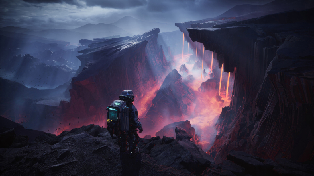 Im Spiel „The Alters“ steht ein einsamer Astronaut auf felsigem Gelände und schaut auf eine Vulkan-Schlucht mit glühenden Lavaströmen.