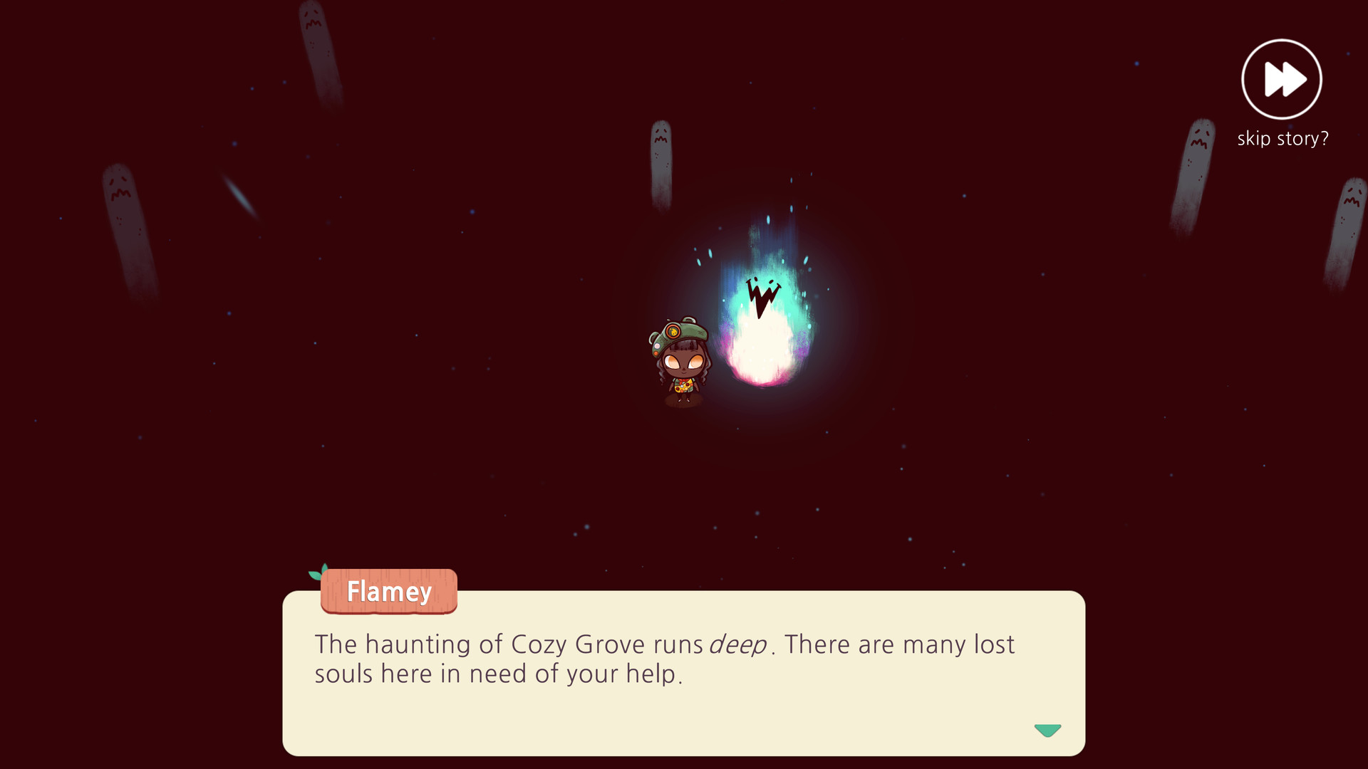 Flamey, ein kleiner Geist aus Cozy Grove, erzählt, dass viele verlorene Seelen im verfluchten Cozy Grove Hilfe brauchen.