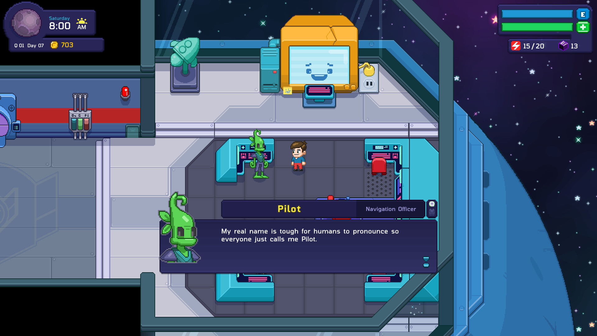 In-game scene from Little-Known Galaxy showing a player character talking to a green alien Pilot in a spaceship control room with a smiling computer terminal and starry space background