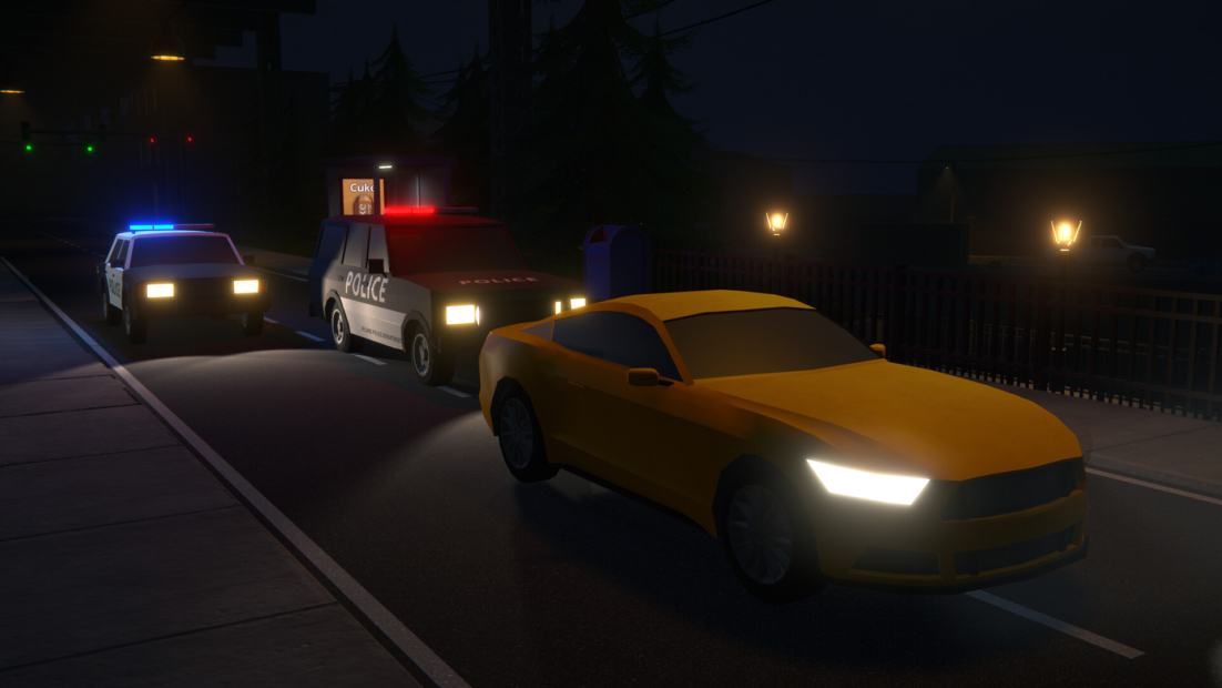 Yellow sports car stopped on a dark street with two police cars behind it flashing red and blue lights in the game Schedule I