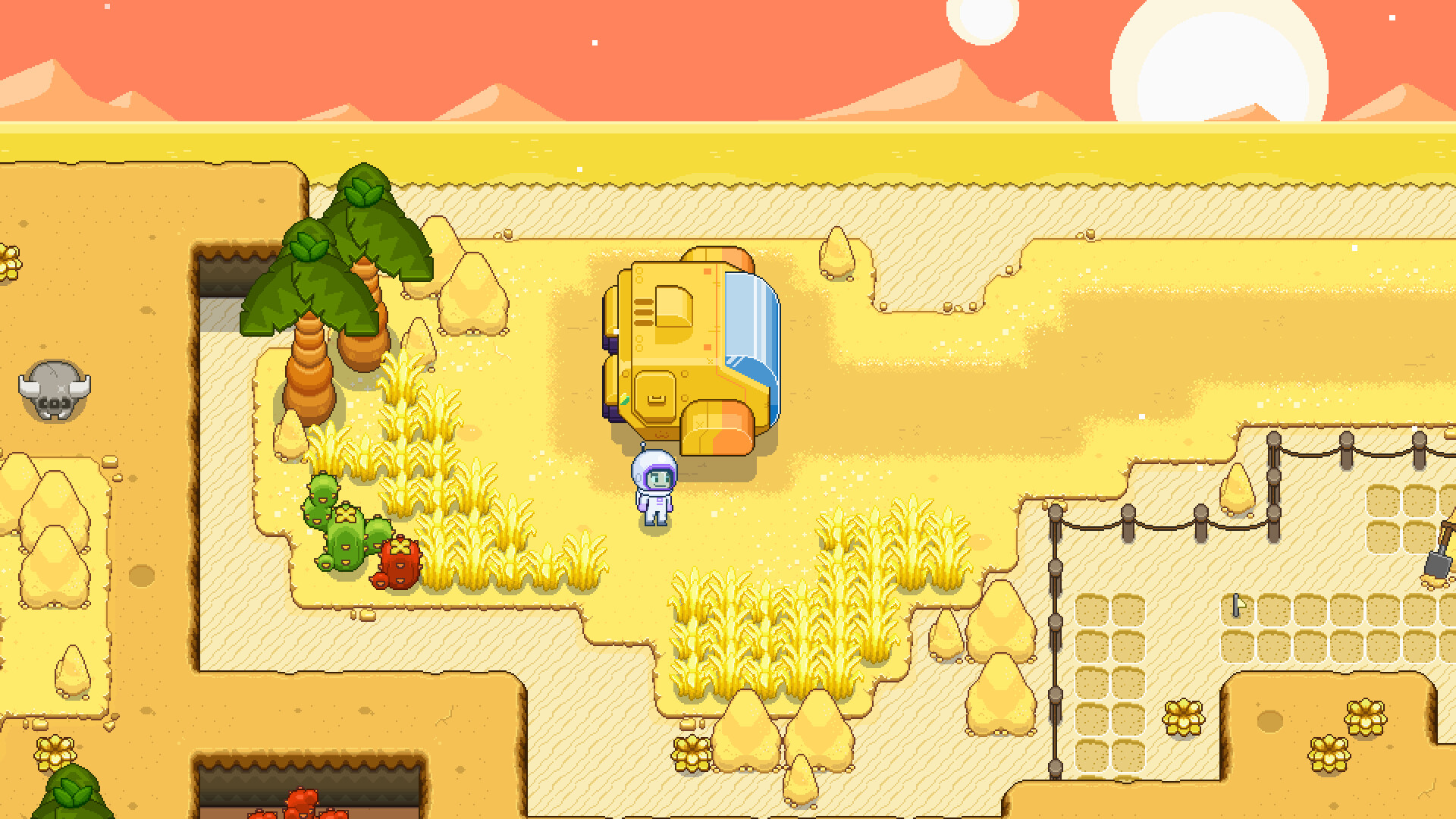 Pixel art astronaut standing next to a yellow and blue rover in a desert landscape with palm trees and a setting sun in the background, from the game Little-Known Galaxy