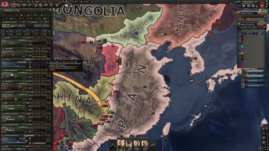 Map from the game Hearts of Iron 4, showing East Asia with regions including Japan, China, and Mengjiang. Production overview on the left side.