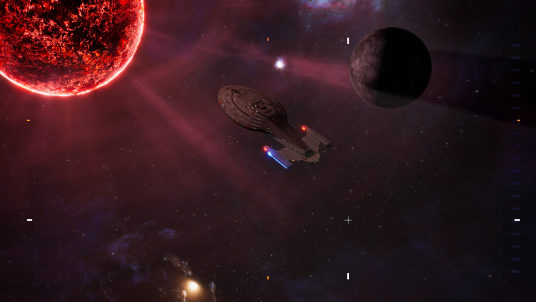 Star Trek Voyager Across the Unknown Tips: Spaceship near a large red star and a dark planet in space