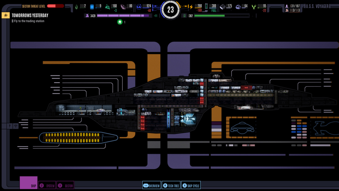 Side schematic view of a spaceship with color-coded sections and control panel indicators.