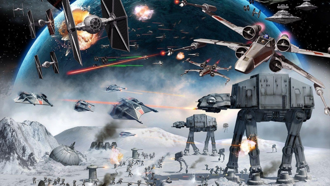 Spaceships and walkers in a space battle over an icy moon landscape with explosions and laser fire