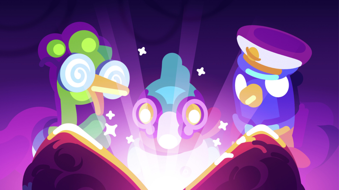 Three stylized birds with glowing eyes in different colors against a purple background