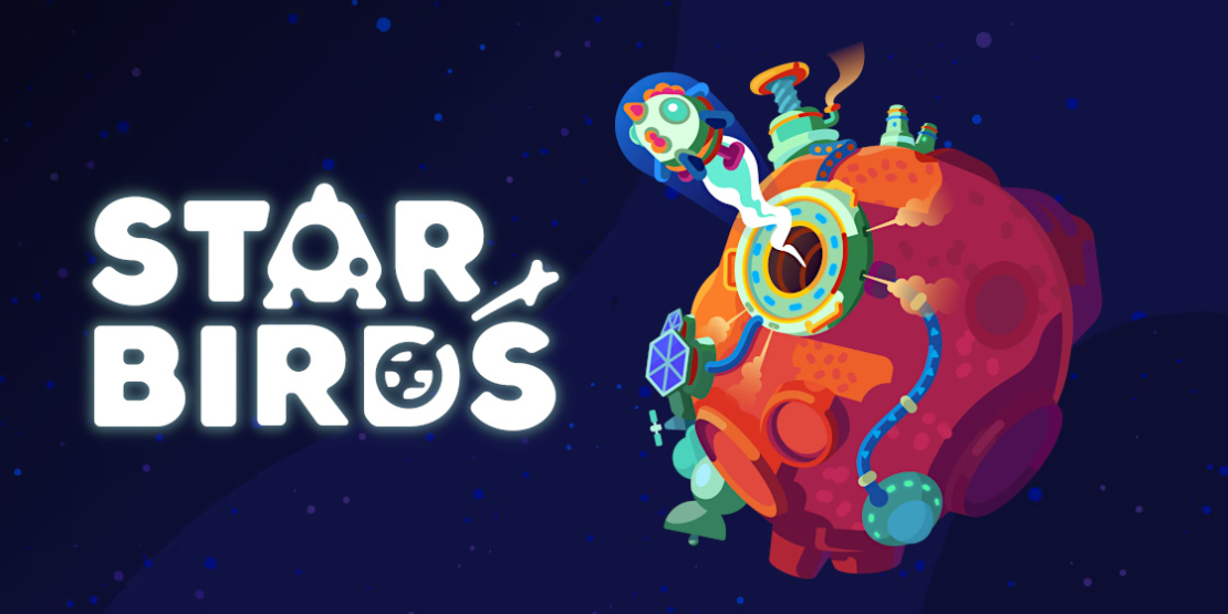 Colorful round planet with mechanical and organic elements against a dark starry background next to the text 'STAR BIRDS' with stylized letters.