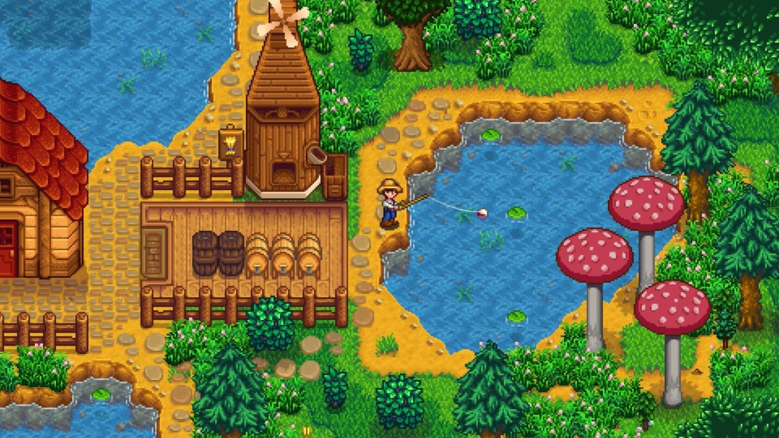 In Stardew Valley angeln: Pixelige Ansicht eines Bauernhofs mit einem Teich, einem Windmühlengebäude, einem Bauern mit Angel und großen Pilzen.