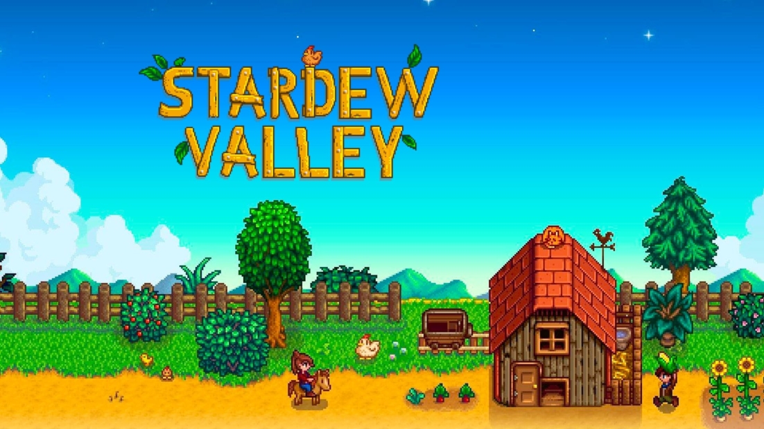 Pixel art showing a farm with a red barn, a fence, trees, crops, a farmer, and several animals under a blue sky