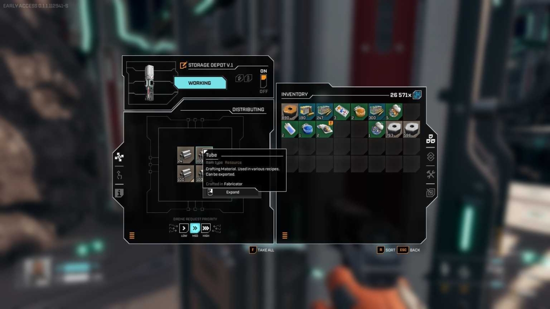 StarRupture Tube Blueprint: Game interface showing inventory and a menu for tubes in a storage depot, blurred industrial background.