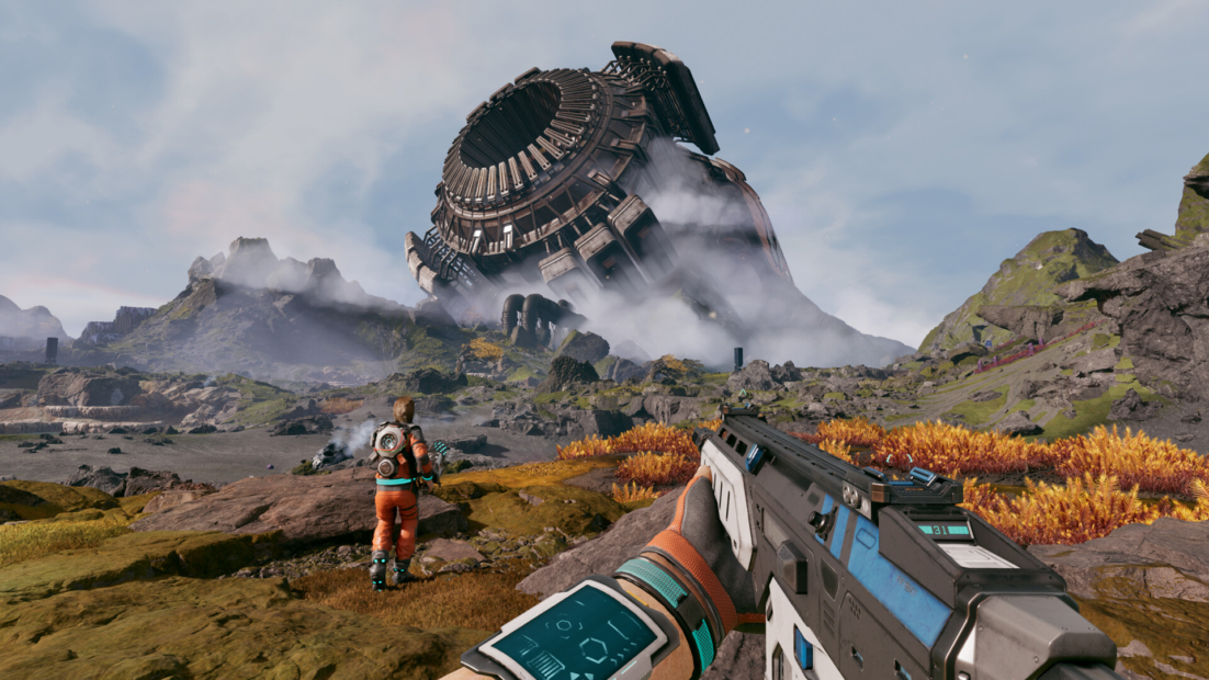First-person view of a futuristic weapon aimed at a person in orange clothing and a large, partially destroyed spherical robot in a rocky landscape with mist.