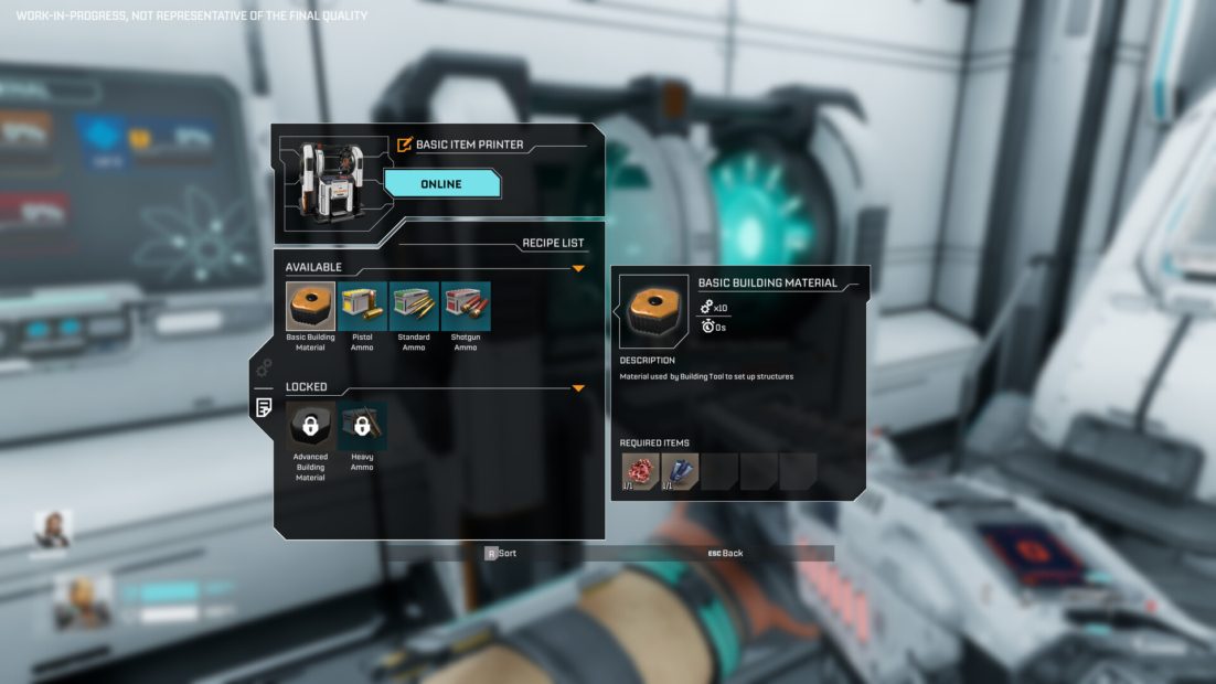 StarRupture Building Guide: Game interface showing a basic item printer menu with available and locked recipes and required materials.