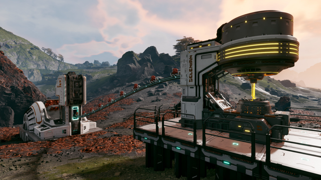 Futuristic industrial facility with conveyor belt and round illuminated machine module on rocky, uneven terrain under cloudy sky.