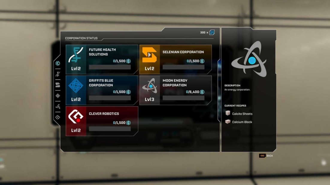 User interface showing status of five corporations including levels, progress bars, and description of a selected corporation.