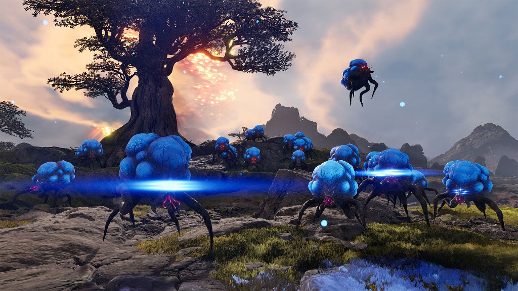 Several blue spider-like creatures with spherical bodies move on rocky terrain in front of a large tree and mountains in the background