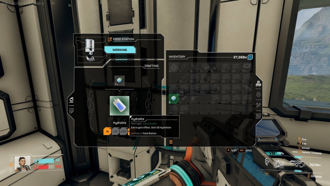 View of a futuristic food preparation device with digital display and inventory window in a sci-fi setting