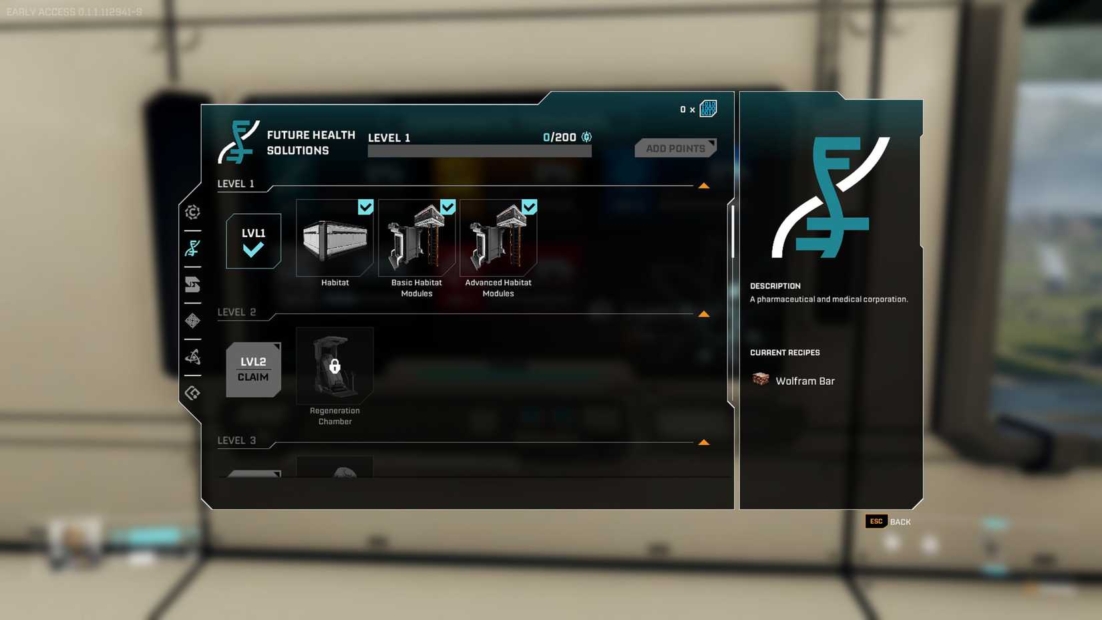 User interface of a computer game or program showing menu for Level 1 and Level 2 with icons for Habitat, Basic Habitat Modules, Advanced Habitat Modules, and a Claim button, with a DNA strand logo and text on the right.