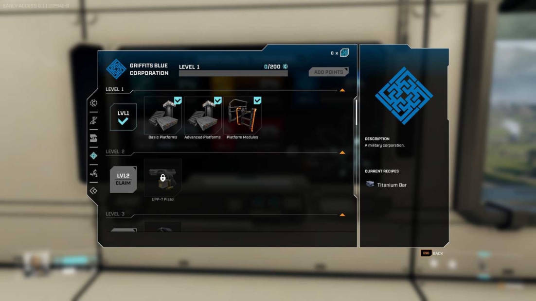 Game interface showing progress for Griffits Blue Corporation with icons for platform modules and upgrades