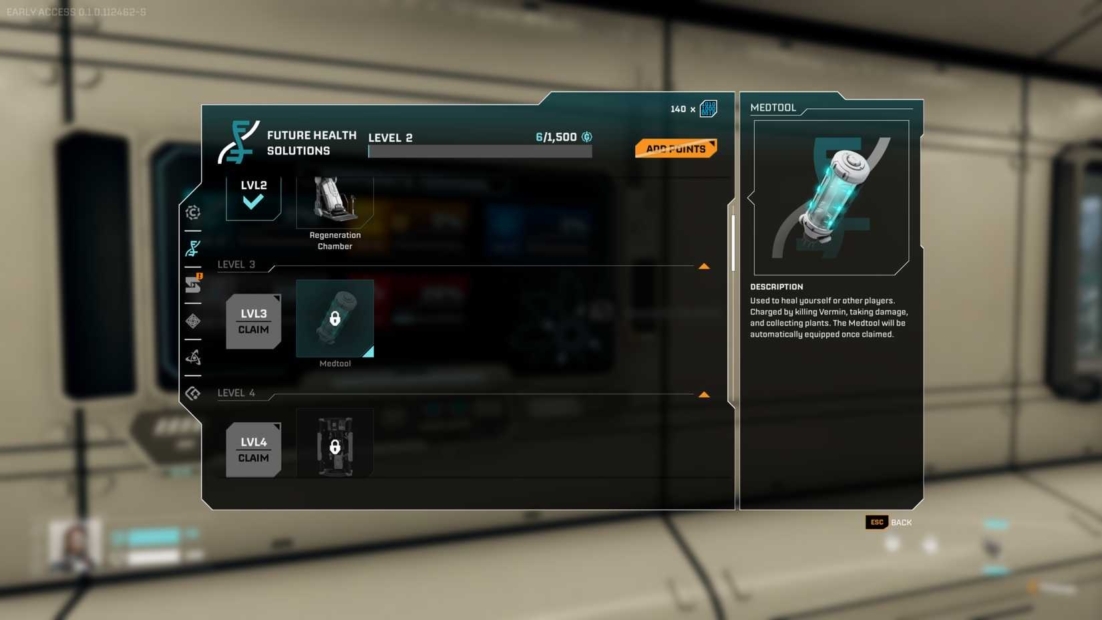 User interface of a game showing a health solutions menu and a description of a medtool in a futuristic design.