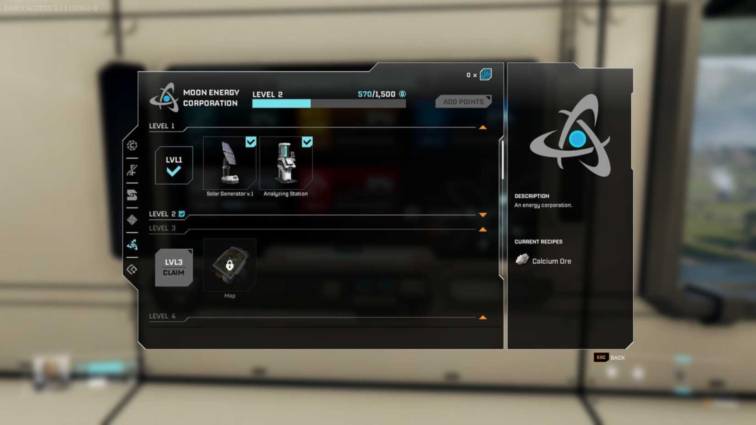Game interface showing Moon Energy Corporation menu with levels, resources, and current recipes