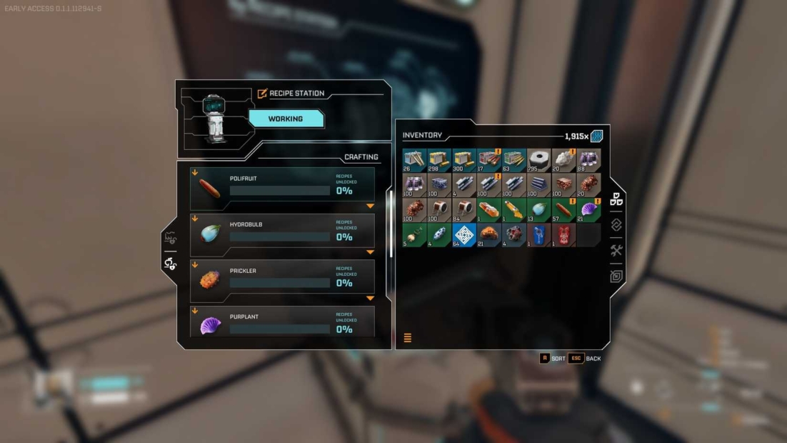 User interface of a recipe station showing inventory and crafting options in a video game.