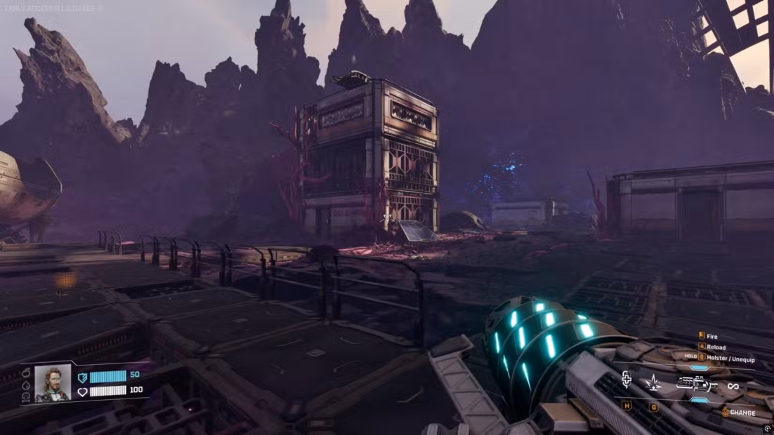 StarRupture Rotor Blueprint Location: Futuristic outdoor facility with a multi-story industrial structure against rocky mountain backdrop, a glowing technical device in the foreground.