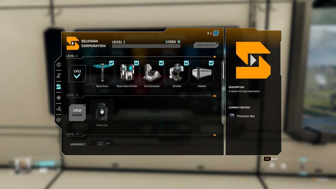 User interface of a game or program showing the Selenian Corporation logo, level indicator, selectable items, and the description 'A space mining corporation'