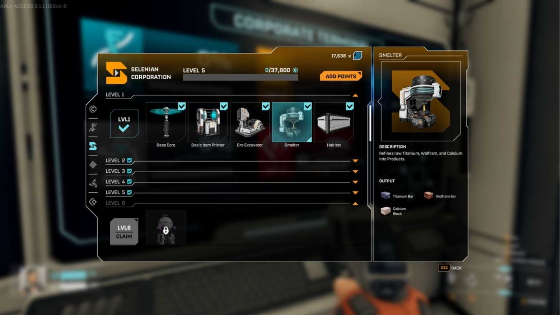 Game interface showing a selection of buildings including a smelter, with resource and level details.