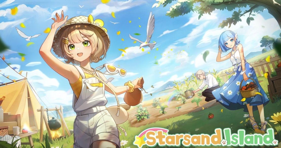 Child wearing a straw hat holding a watering can stands on a sunny island with flowers, birds, an elderly man in the background, and a woman in a blue dress holding a basket