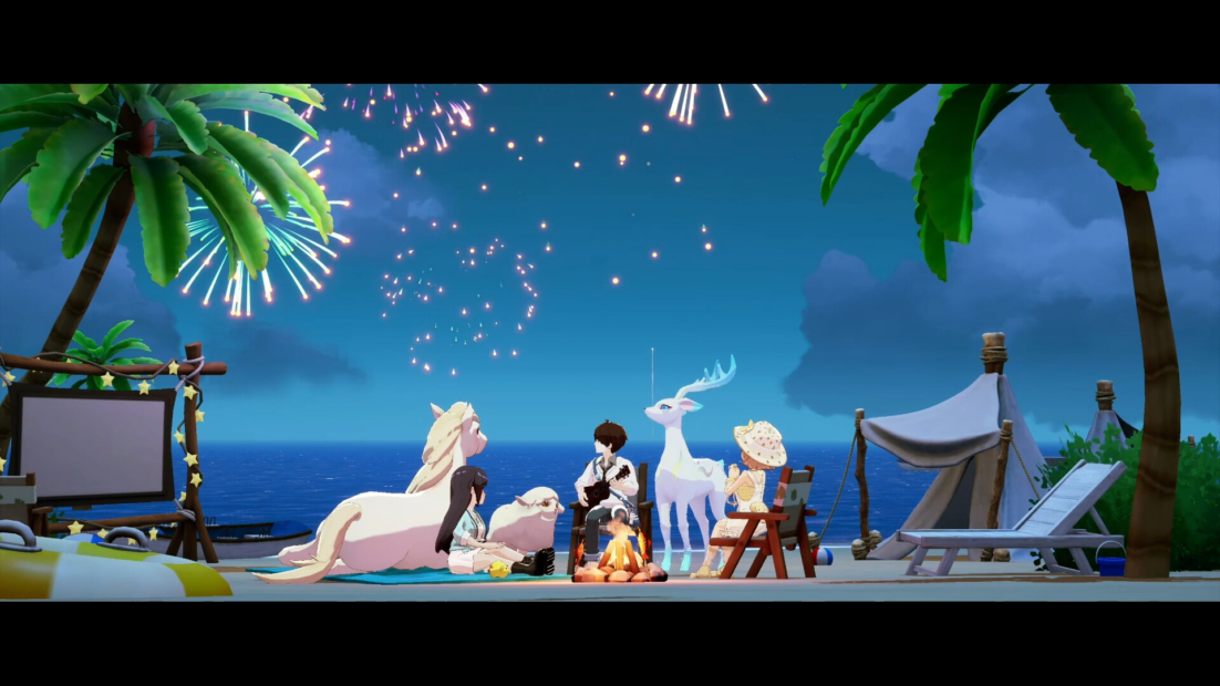 Starsand Island Guide: Group of people and animals sitting around a campfire on a beach under palm trees with fireworks in the night sky