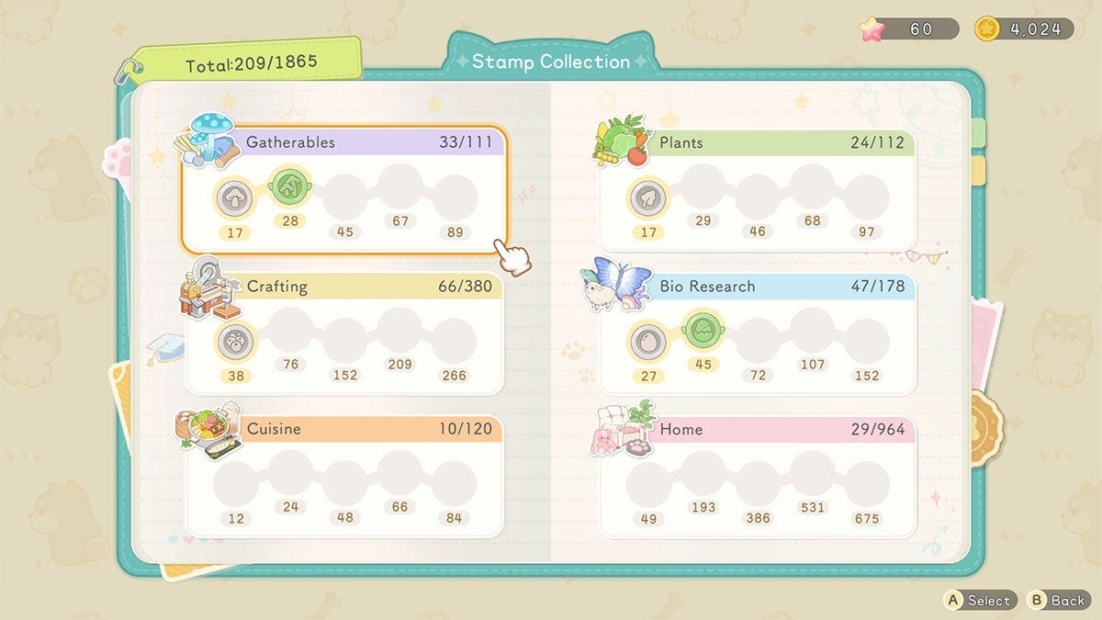 Game interface showing six categories with progress bars for gatherables, crafting, cuisine, plants, bio research, and home.